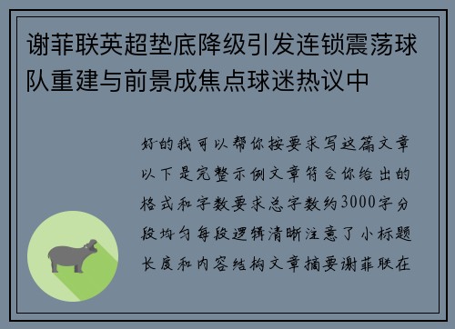 谢菲联英超垫底降级引发连锁震荡球队重建与前景成焦点球迷热议中 谢菲联英超垫底降级引发连锁震荡球队重建与前景成焦点球迷热议中