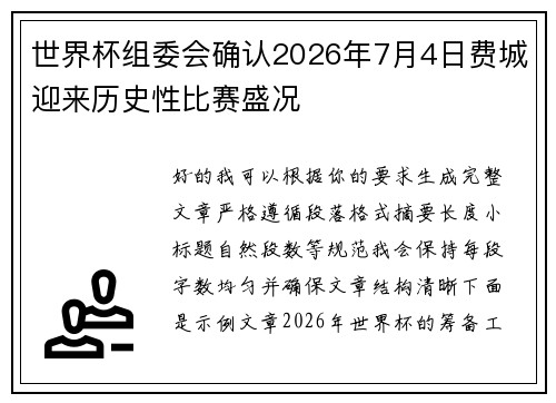 世界杯组委会确认2026年7月4日费城迎来历史性比赛盛况
